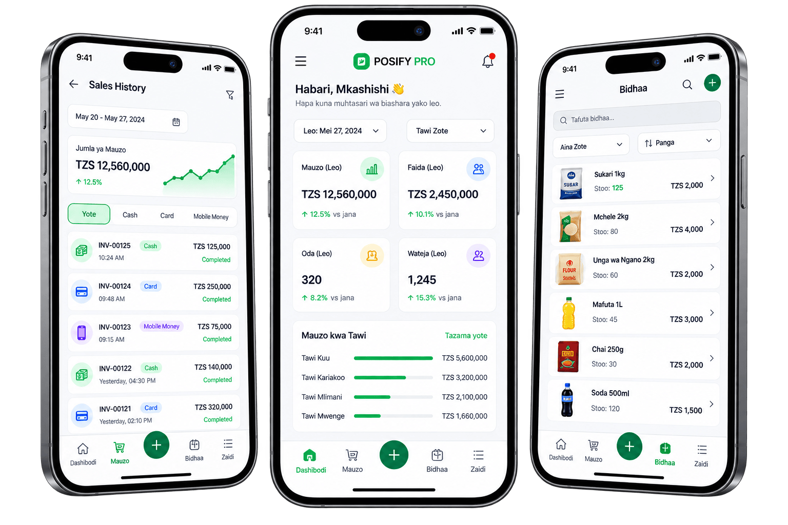 POSify Pro app — sales, home dashboard and products screens